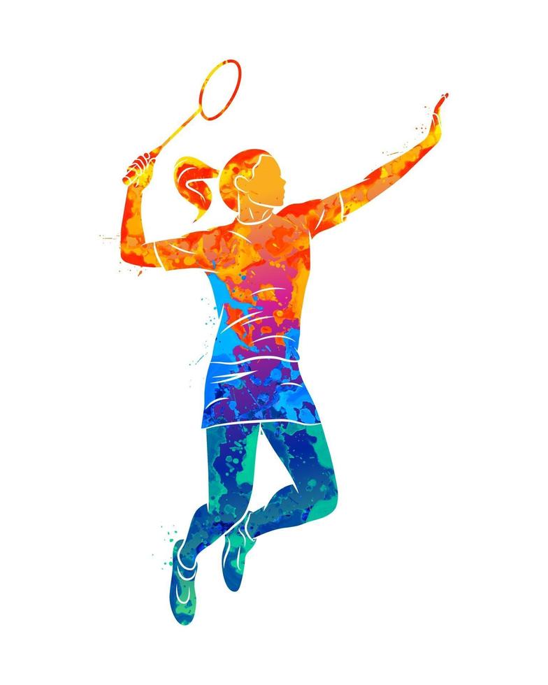 abstrakt ung kvinnas badmintonspelare som hoppar med en racket från stänk av akvareller. vektor illustration av färger