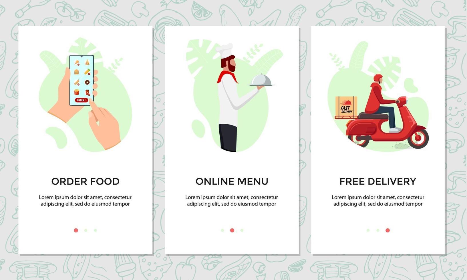 Essen online bestellen mobile App Banner-Set. wählt Gericht auf Smartphone-Bildschirmvorlage. Koch kochte Essen und Express kostenlose Roller Lieferung von Restaurant Service-Konzept. vektor