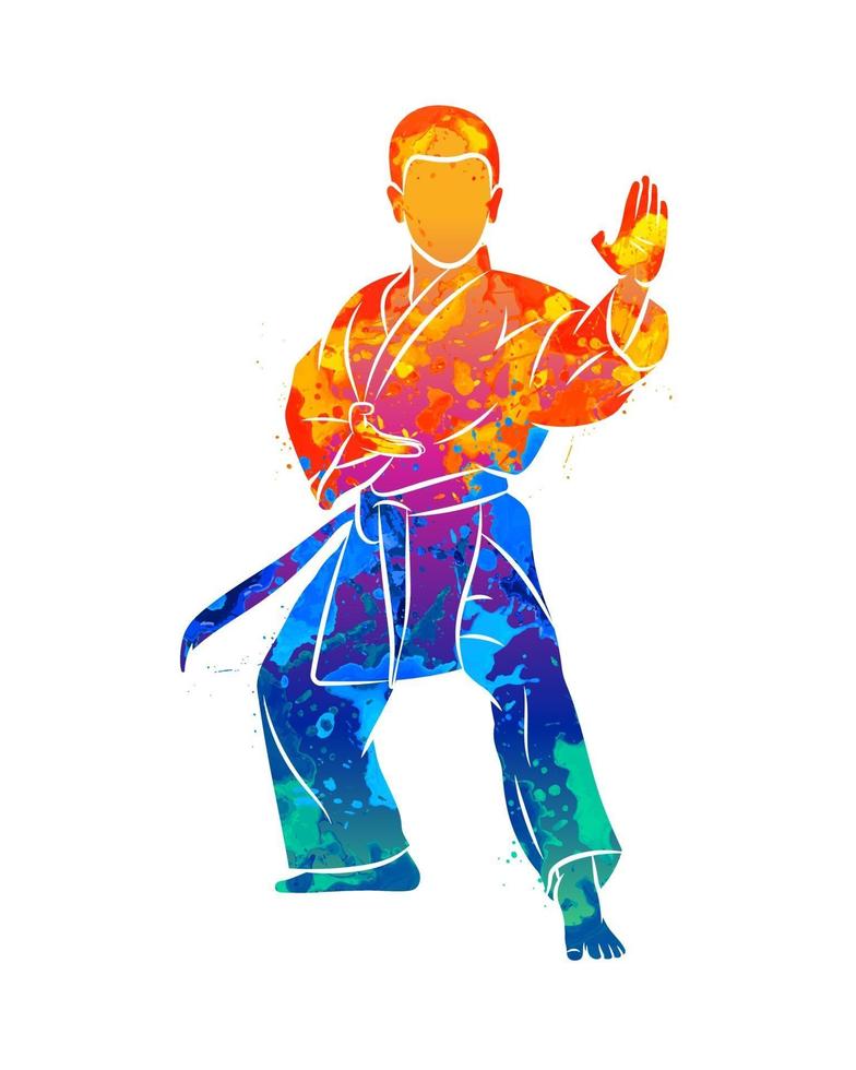 abstrakt ung pojke i kimonoträning karate från stänk av akvareller. vektor illustration av färger
