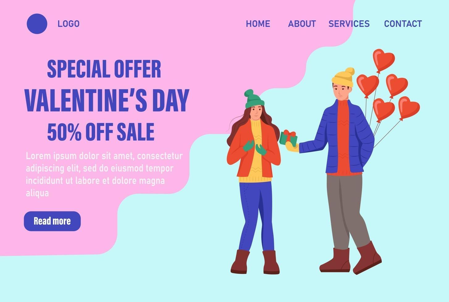 Sonderangebot Valentinstag Landing Page Vektor Vorlage. Liebespaar in Winterkleidung mit Luftballons tauschen Geschenke aus. Feiern Sie das traditionelle Web-Banner für Winterereignisse. flache Vektorillustration