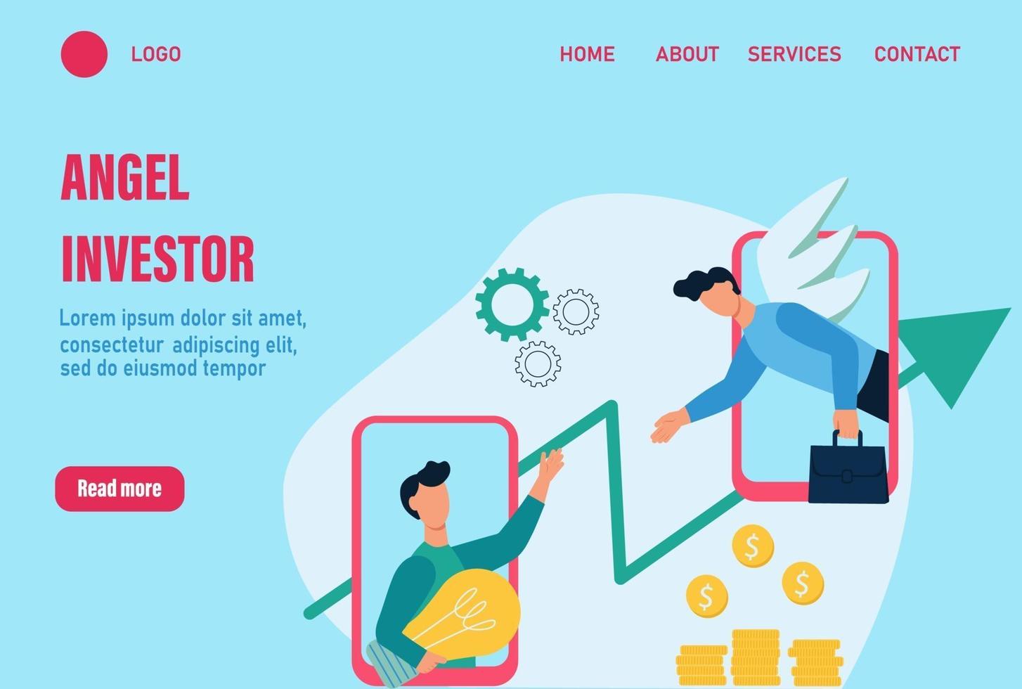 Engel Investor Landing Page Vektor Vorlage. das Konzept eines Business Angels. Hilfe für ein Startup, einen jungen Geschäftsmann. finanzielle Unterstützung für junge Unternehmen. flache Karikaturvektorillustration.