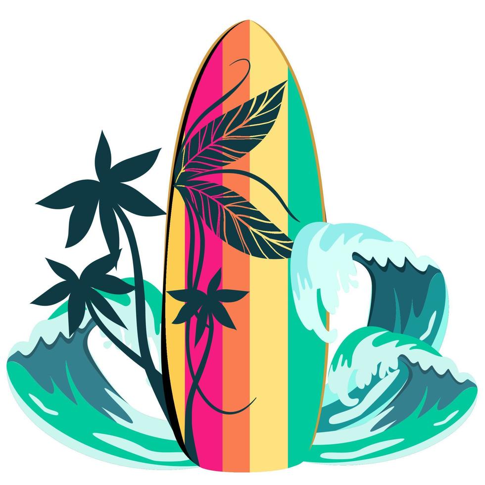 Surfbrett mit Palme Bäume und Wellen vektor