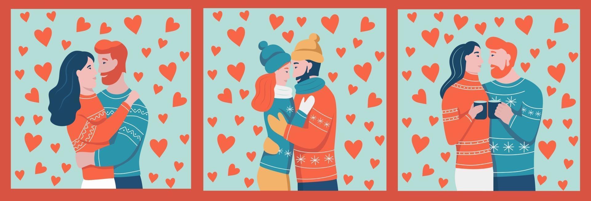 eine Reihe von Karten und Vorlagen für den Valentinstag. Das Paar umarmt sich. verliebte junge Leute. ein Mann und eine Frau auf dem Hintergrund der Herzen. flache Karikaturvektorillustration. vektor