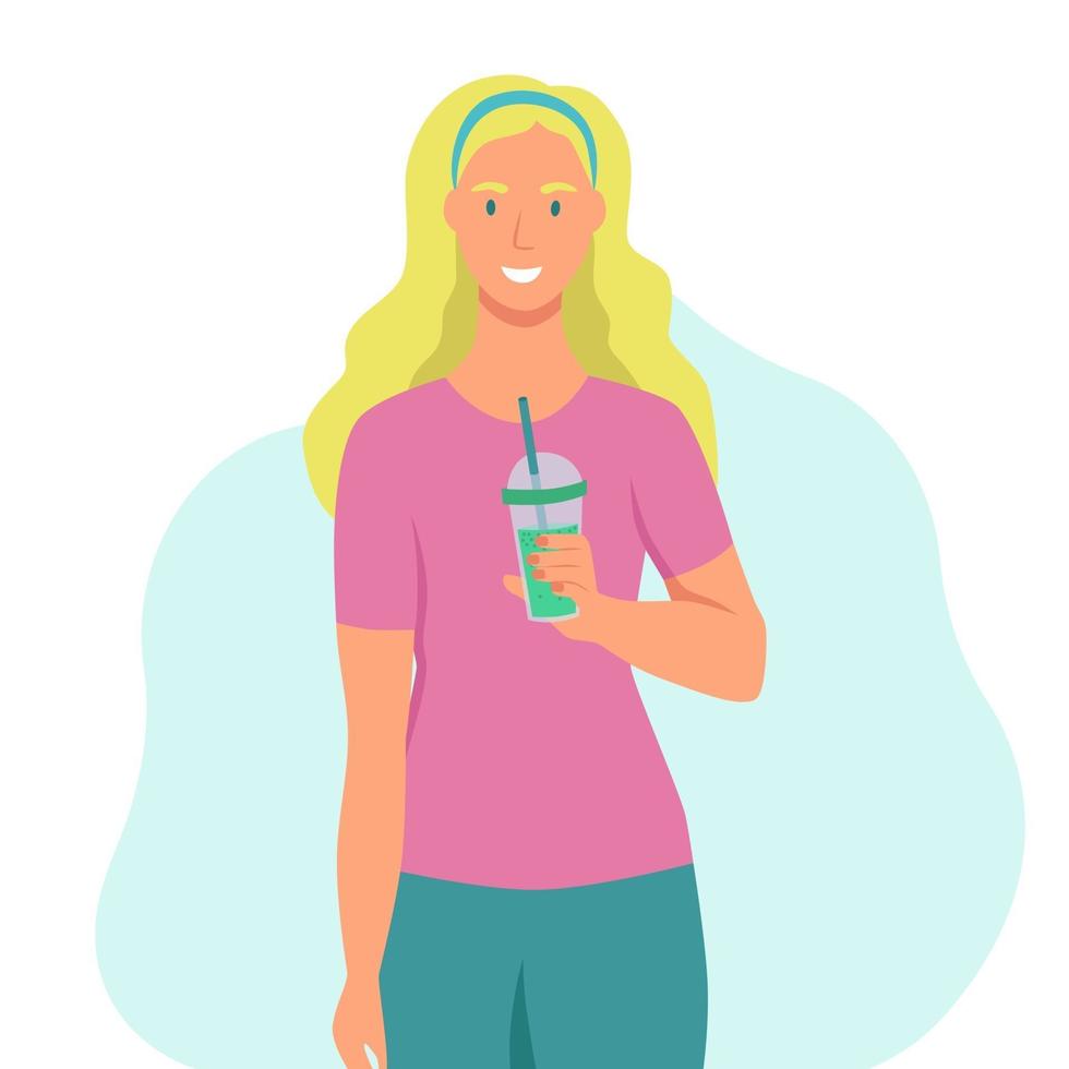 en ung kvinna dricker en smoothie, färsk juice, en cocktail. begreppet rätt näring, hälsosam livsstil. platt tecknad illustration. vektor