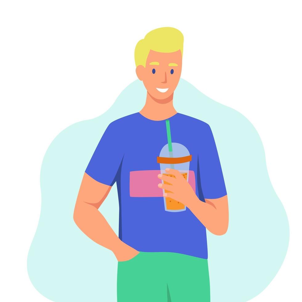 Ein junger Mann trinkt einen Smoothie, frischen Saft und einen Cocktail. das Konzept der richtigen Ernährung, eines gesunden Lebensstils. flache Karikaturillustration. vektor