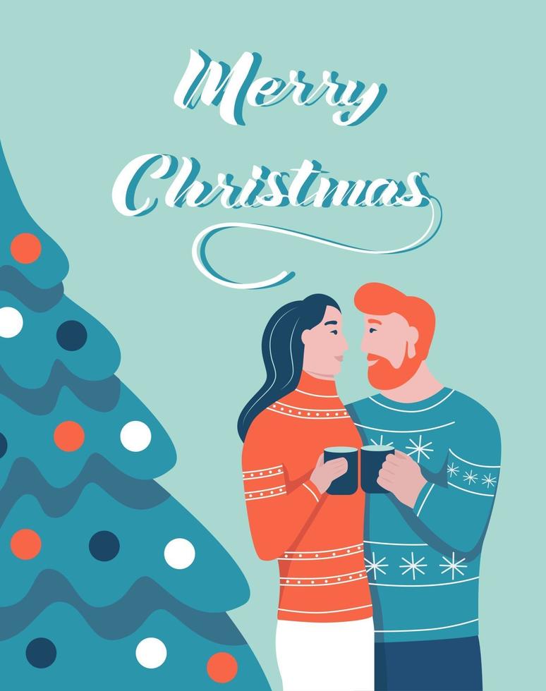 julkort. ett par kramar bredvid ett julgran. bokstäver god jul. vektor illustration. banner, affisch, mall.