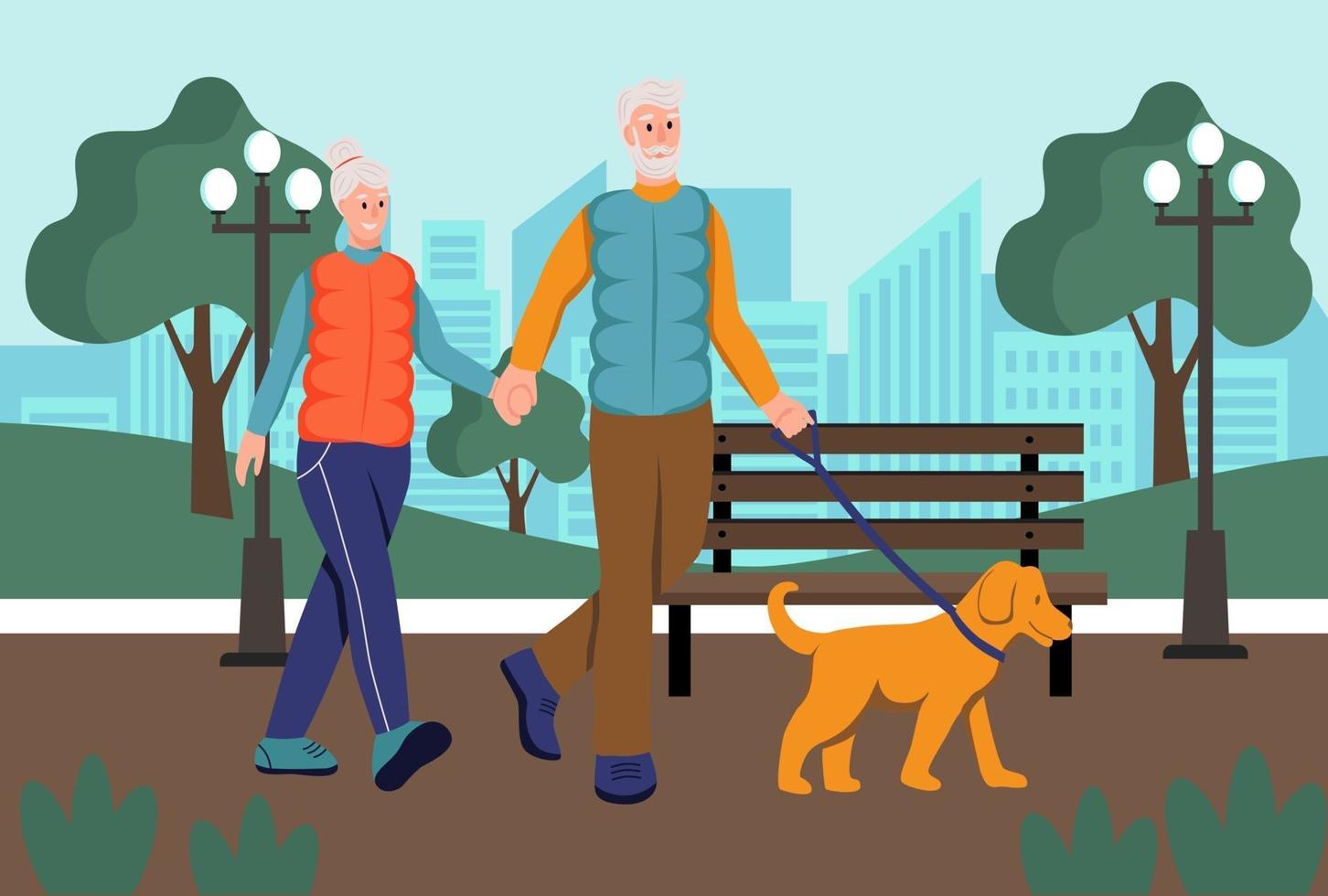 älteres Ehepaar, das seinen Hund im Park spaziert. Das Konzept des aktiven Alters. Tag der älteren Menschen. flache Karikaturvektorillustration. vektor