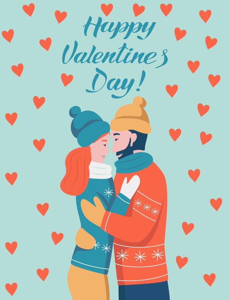 Valentinstag Schriftzugkarte. verliebtes Paar umarmt. Ein Mann mit rotem Bart und eine Frau mit dunklem Haar lachen und sehen sich an. flache Vektorillustration. vektor