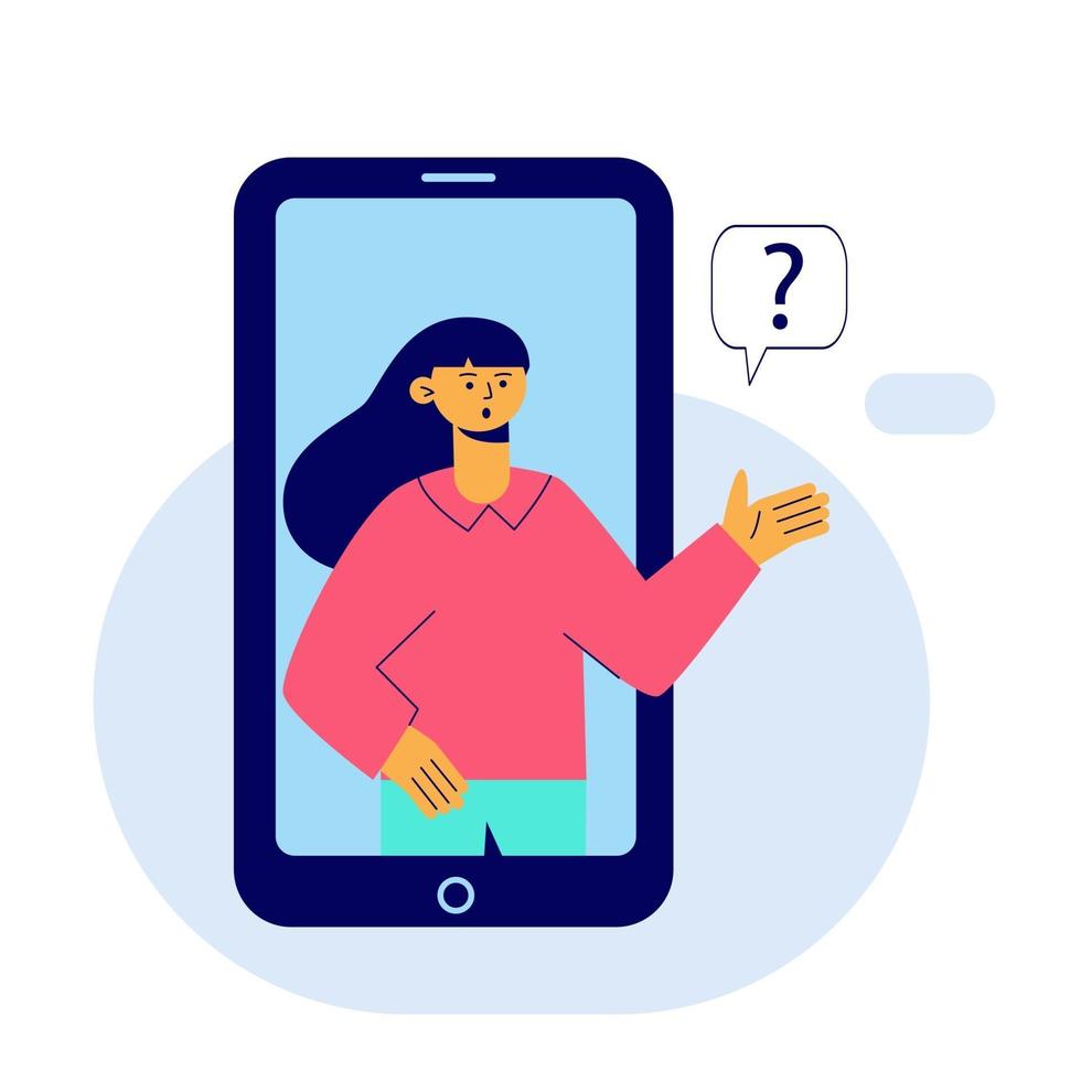 ställer kvinnan en fråga. koncept, mobilapp. platt vektorillustration. vektor