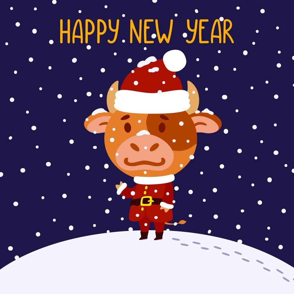 süßer kleiner Stier im Weihnachtsmannkostüm. Ochsensymbol des chinesischen Neujahrs 2021. Frohe Weihnachten und frohe Neujahrsgrußkarte, Plakatentwurf. Vektorillustration isolierter Hintergrund. vektor