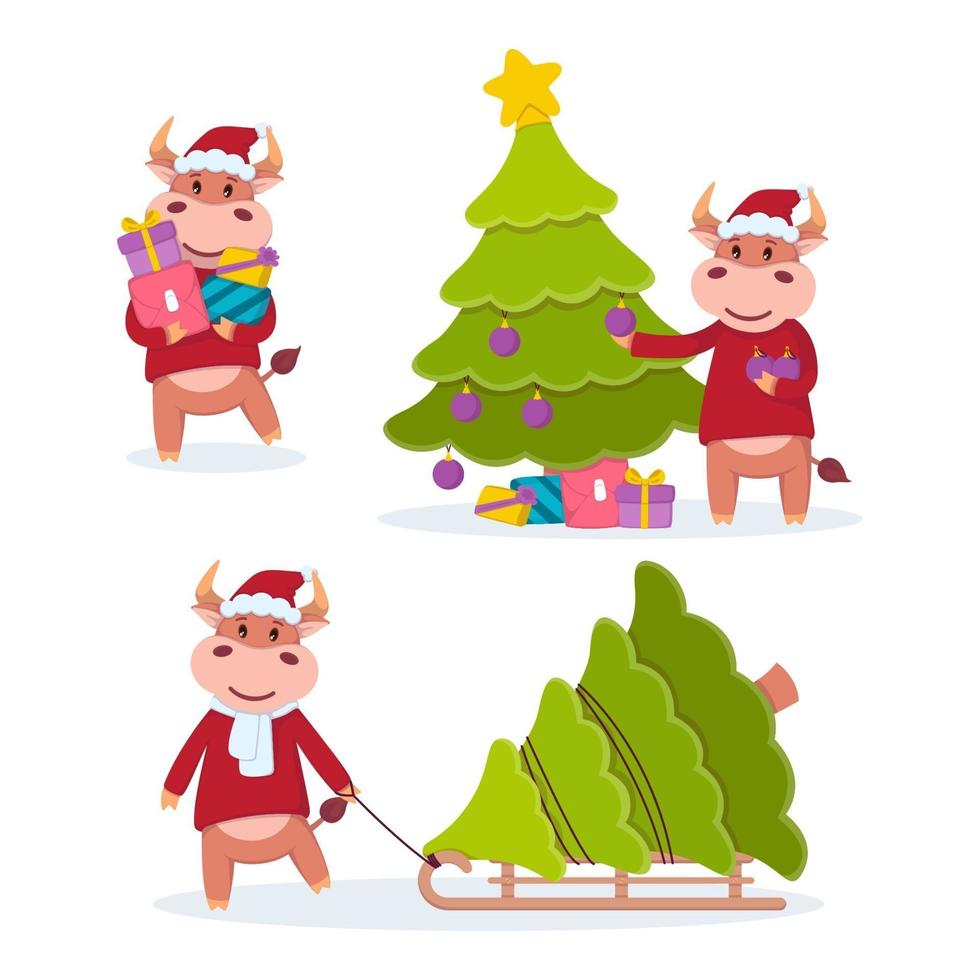 tjuren bär gåvor, drar på en släde och dekorerar ett julgran. oxens år. glada kor som. nytt år och god jul vektorillustration. kinesiska zodiakens symbol 2021. vektor