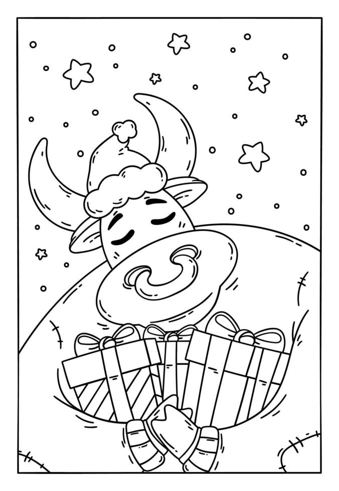 Stier in einer Weihnachtsmütze und einem Pullover mit Geschenken. Jahr des Ochsen. glückliche Kuh. Neujahr und frohe Weihnachten Illustration. chinesisches Sternzeichen des Jahres 2021. Malvorlage für Kinderbuch. vektor