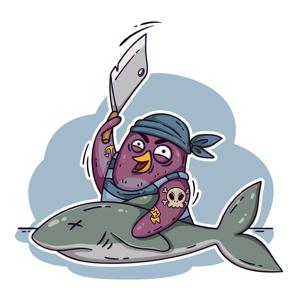 Der verrückte Piratenpinguin schneidet einen Hai mit einem Hackmesser. kochen auf dem Schiff Fisch kochen. lustige Vogelvektorillustration lokalisiert auf weißem Hintergrund im Gekritzelstil. vektor