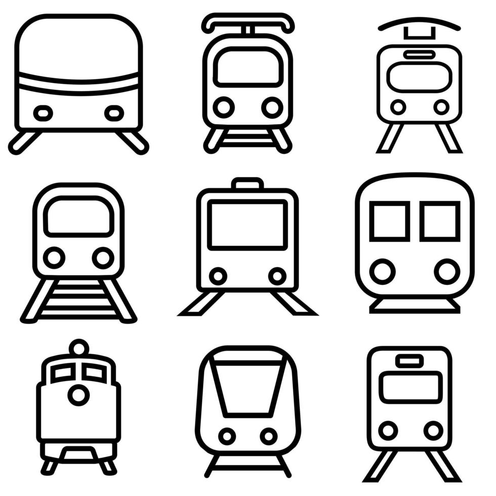 Zug Vektor Symbol Satz. Eisenbahn Illustration Zeichen Sammlung. Straßenbahn Symbol. Öffentlichkeit Transport Logo.