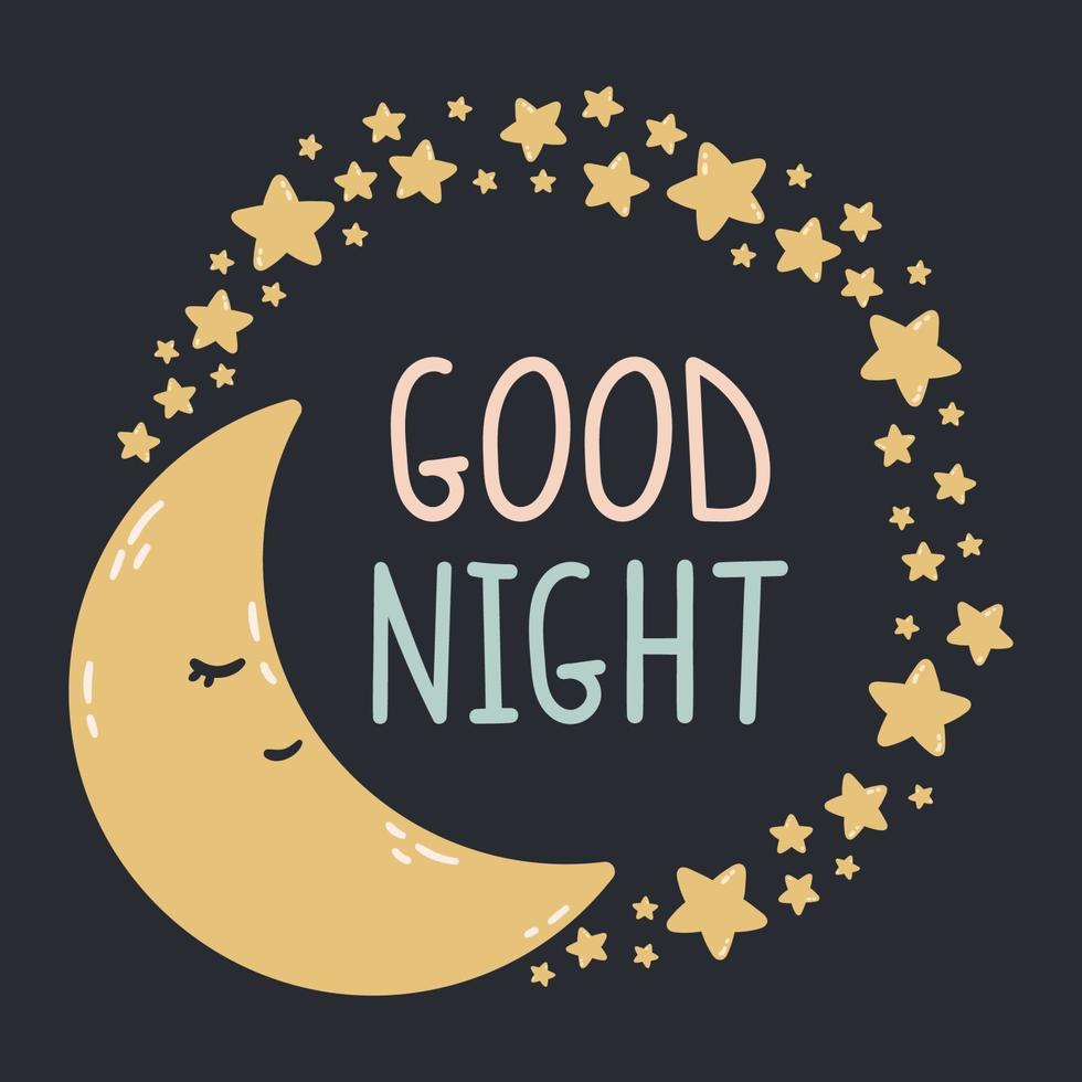 schlafender Mond mit Sternen herum auf einem dunklen Hintergrund. gute Nacht Vektor-Illustration. Druck für Babyzimmer, Grußkarte, Kinder- und Baby-T-Shirts und Kleidung, Damenbekleidung. vektor