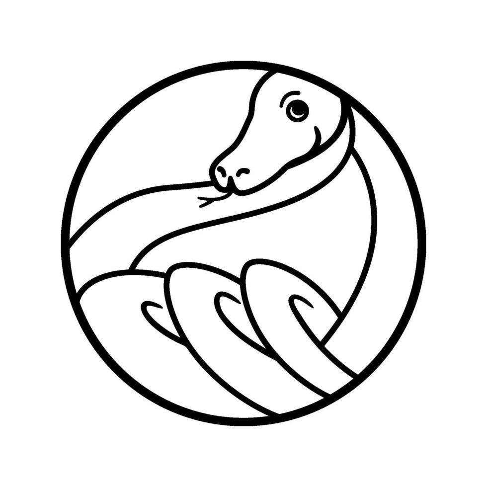 Schlangen-Umriss-Logo. runde geometrische Form. gedrehte Reptilienringe grafische Illustration für Tätowierung, Aufkleber, Logo. Cartoon, einfacher, minimalistischer Stil. Schwarz-Weiß-Zeichnung. vektor