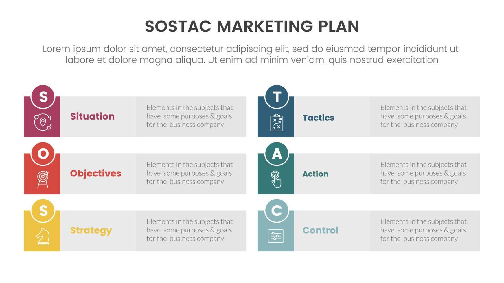 sostac Digital Marketing planen Infografik 6 Punkt Bühne Vorlage mit lange Rechteck gestalten symmetrisch Konzept zum rutschen Präsentation vektor