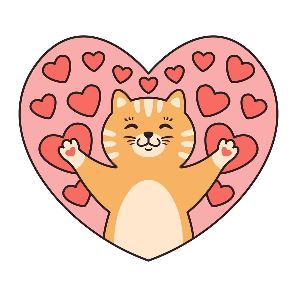 Katze im Herzen. Grußkarten für Valentinstag, Geburtstag, Muttertag. Cartoon Tier Charakter Vektor-Illustration isoliert auf weißem Hintergrund. Gekritzel-Cartoon-Stil. vektor