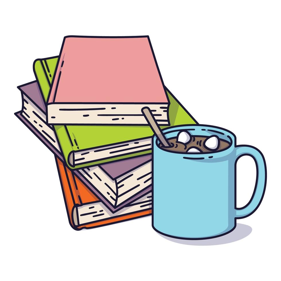 Bücherstapel und eine Tasse Kakao mit Marshmallows. Ich liebe das Lesekonzept für Bibliotheken, Buchhandlungen, Festivals, Messen und Schulen. Vektorillustration lokalisiert auf Weiß. vektor