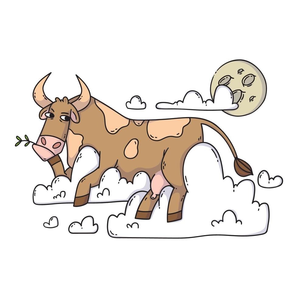 Kuh, die auf den Wolken ruht und den Mond betrachtet. entspannen und träumen. lustig, Humor, Cartoon Tierillustration. vektor
