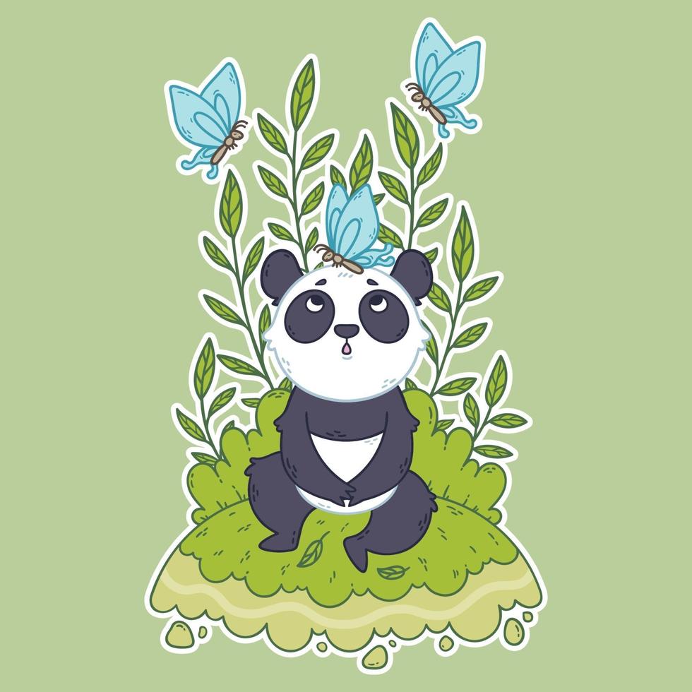 süßer kleiner Pandabär sitzt auf einer Wiese und blaue Schmetterlinge fliegen herum. vektor