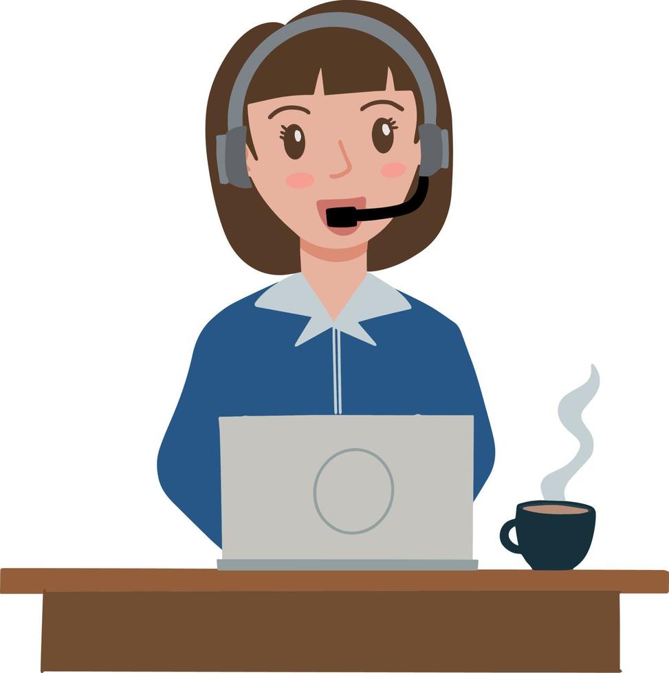 Vektor von Kunde Bedienung Frau Operator Anruf Center Kopfhörer Laptop Tasse Kaffee Illustration