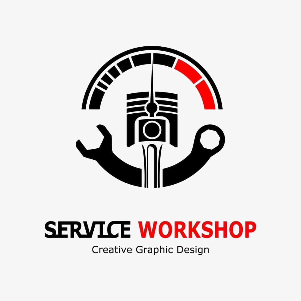 Vektor Illustration von Werbung ein Reparatur Service. Automobil und Motorrad Werkstatt Logo. Symbol Drehzahl, Schlüssel und Kolben