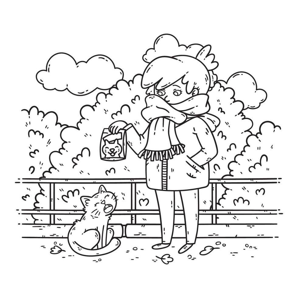 Eine junge Frau plant, eine streunende Katze zu füttern. vektor