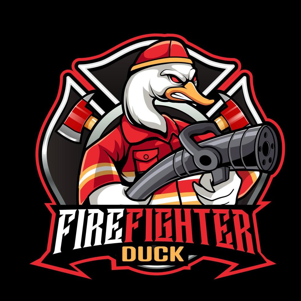 Schwan Feuerwehrmann Maskottchen Logo. Feuer Abteilung Abzeichen. Vektor Illustration