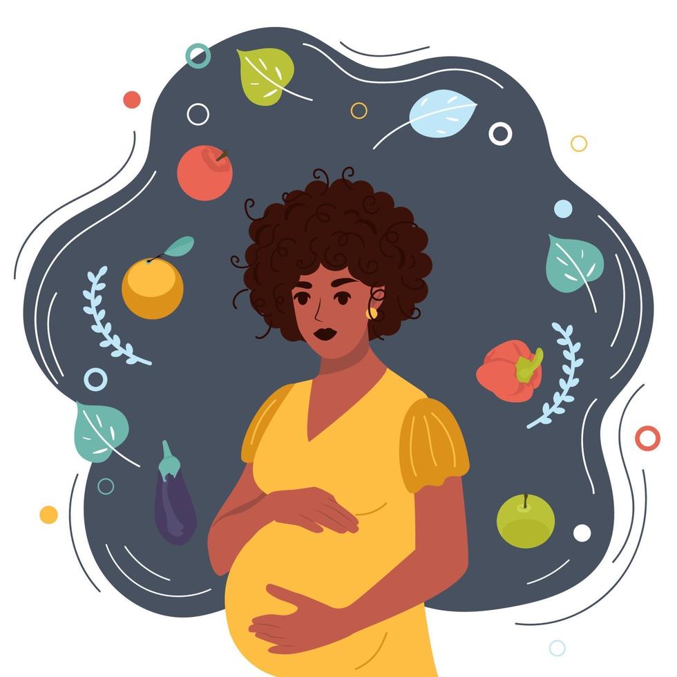 schwangere afrikanische Frau auf einem Hintergrund von Obst und Gemüse. gesundes Ernährungskonzept für werdende Mütter. Vektorillustration vektor
