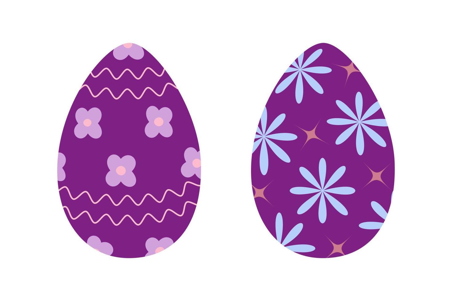 uppsättning av två påsk ägg i trendig lila med abstrakt mönster av vågig rader, stjärnor och blommor. eps vektor