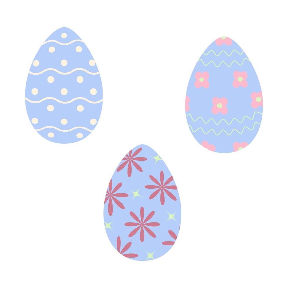 uppsättning av tre påsk ägg i trendig blå med enkel mönster av vågig rader, prickar, blommor och stjärnor vektor
