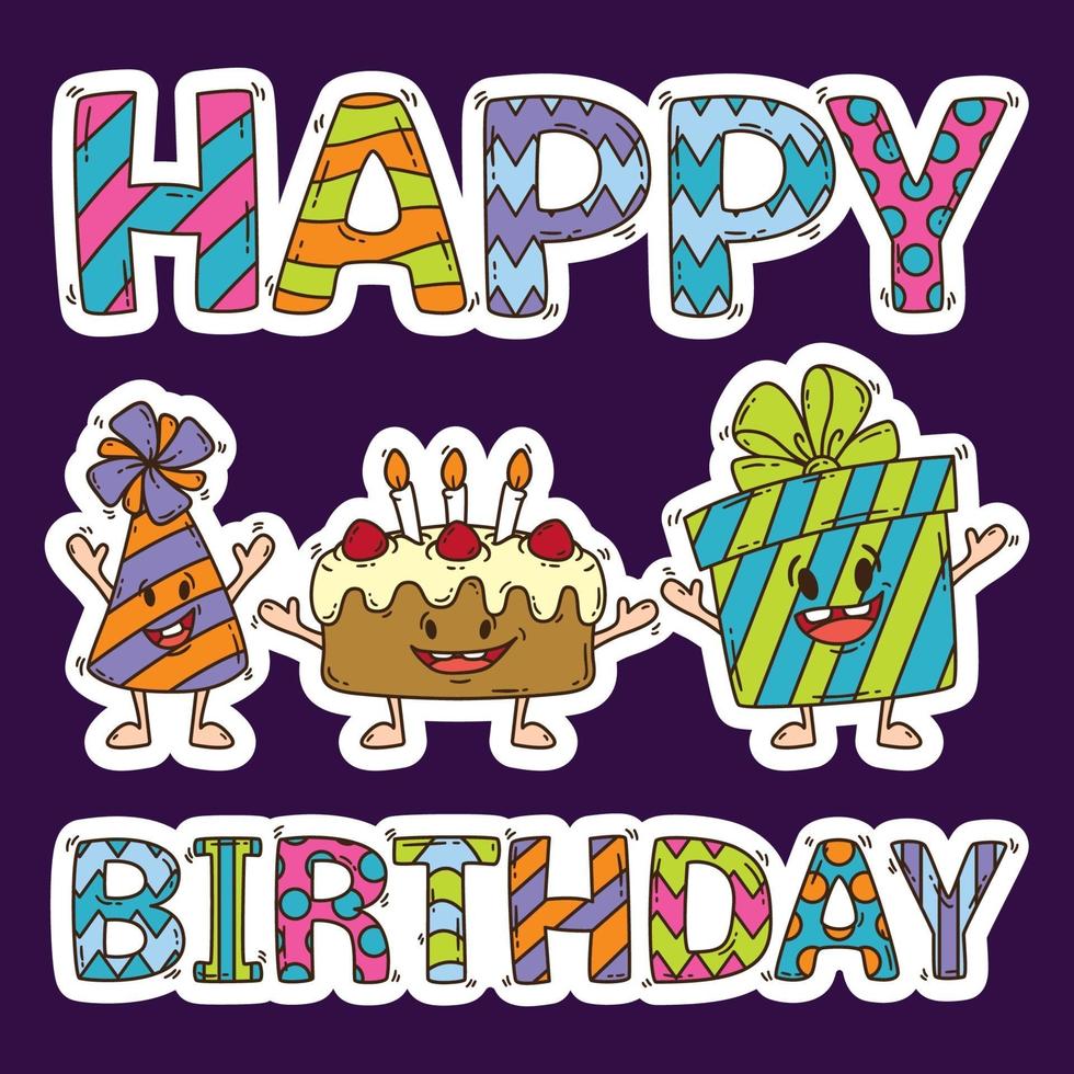 Geburtstagskarte mit Kuchen, Geschenk und Partyhut. vektor