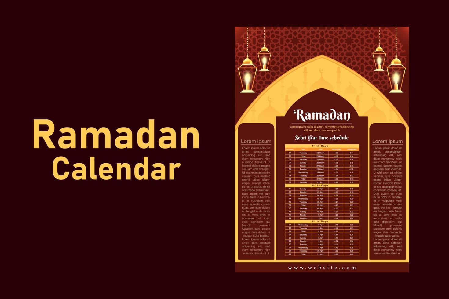 ramadan kareem islamische kalendervorlage und sehri ifter zeitplan vektor