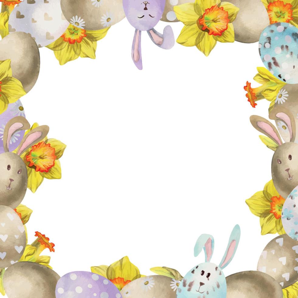 vattenfärg hand dragen påsk firande ClipArt. gräns ram med ägg, löv, kaniner, påsklilja blommor. isolerat på vit bakgrund. för inbjudningar, gåvor, hälsning kort, skriva ut, textil- vektor