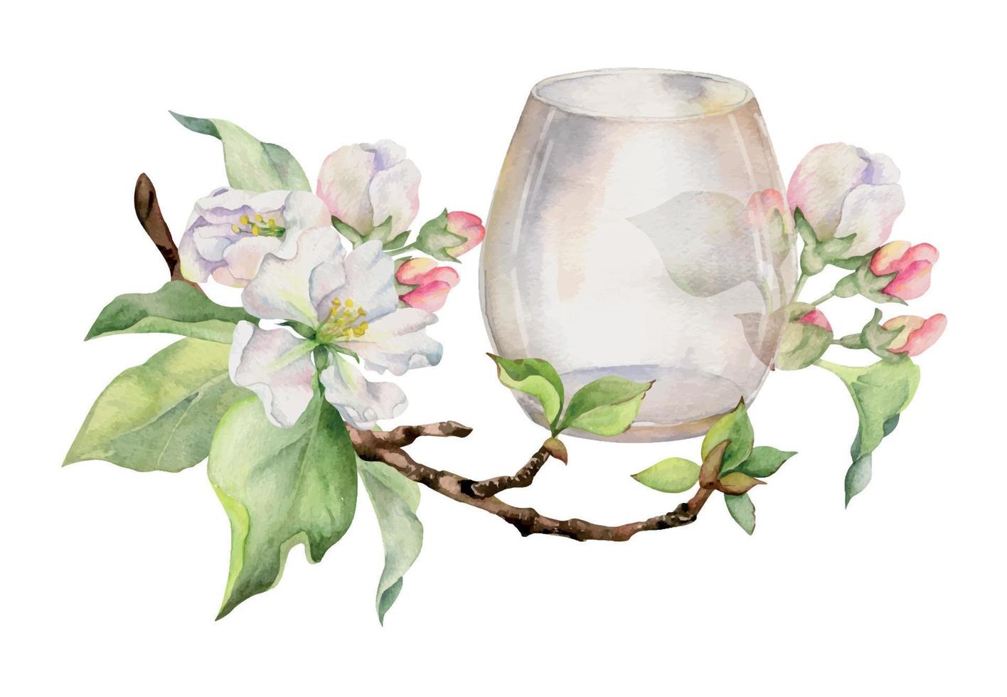 Hand gezeichnet Aquarell Komposition mit Apfel Blumen auf Ast mit Blätter und Glas Flasche. isoliert auf Weiß Hintergrund. Design zum Mauer Kunst, Hochzeit, drucken, Stoff, Abdeckung, Karte, Einladung. vektor