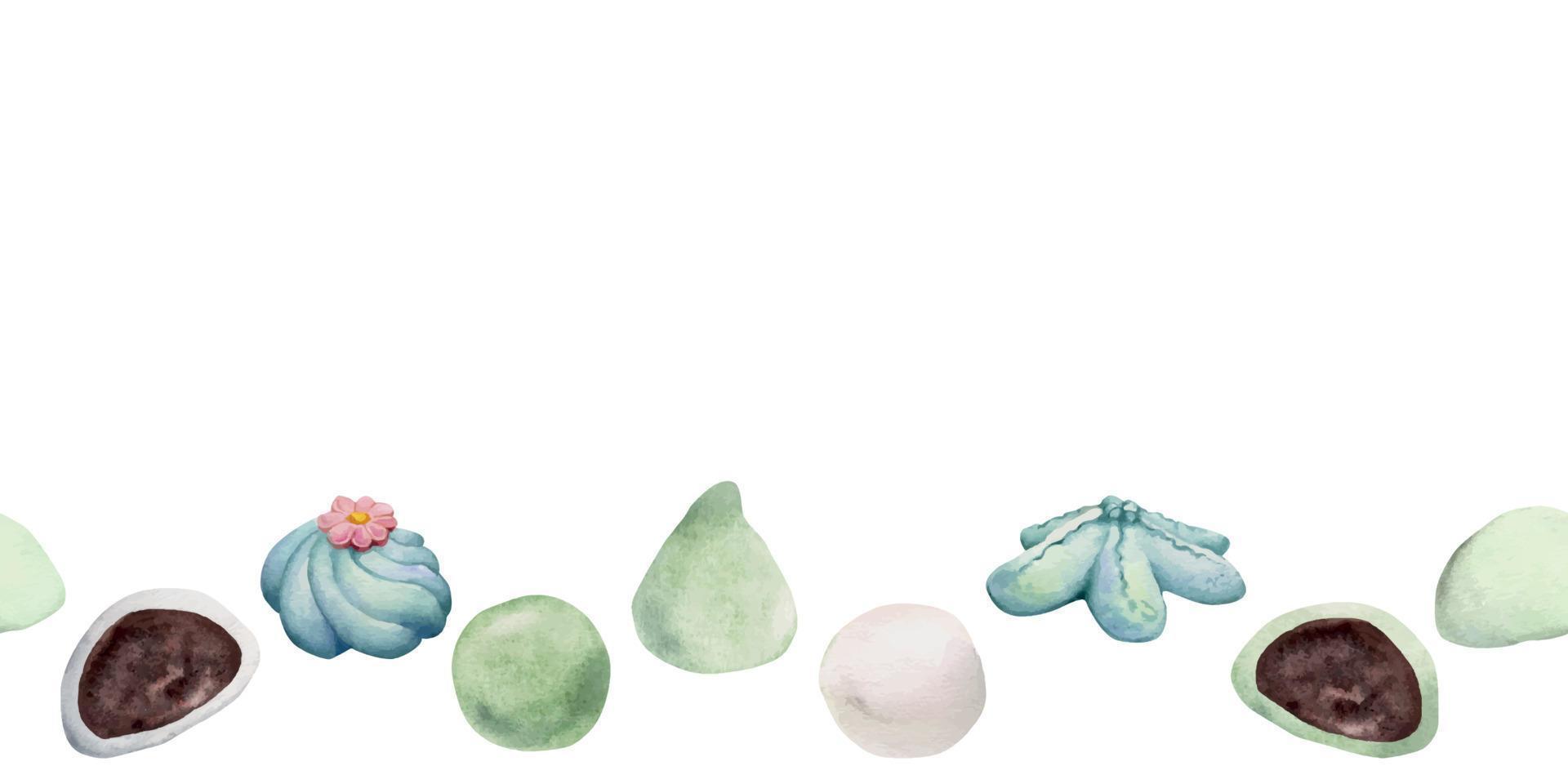 Aquarell Hand gezeichnet traditionell japanisch Süßigkeiten. nahtlos Rand von Sommer- wagashi, Morgen Ruhm Blumen. isoliert auf Weiß Hintergrund. Einladungen, Restaurant Speisekarte, Gruß Karten, drucken, Textil- vektor