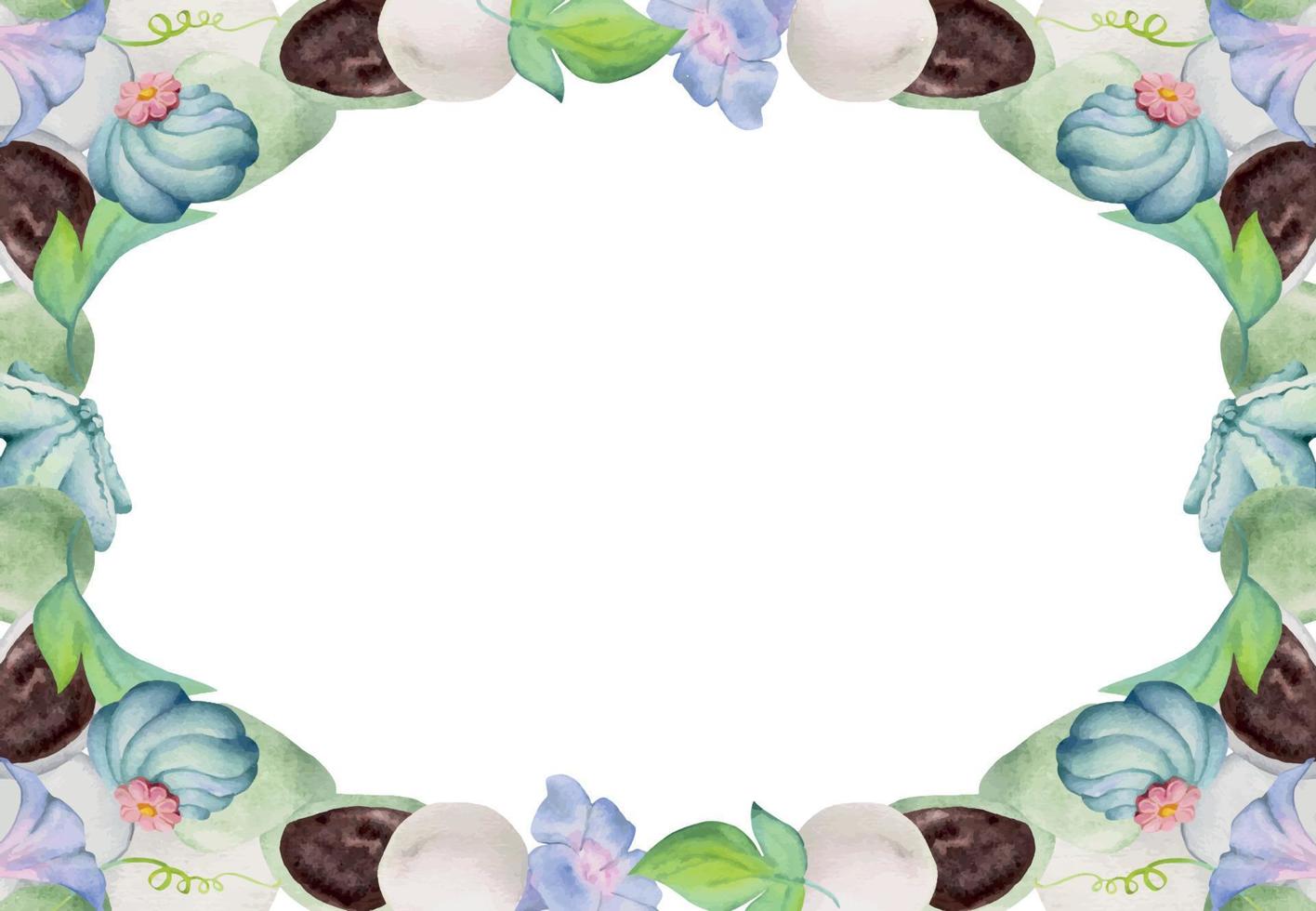 Aquarell Hand gezeichnet traditionell japanisch Süßigkeiten. Platz Rahmen von Sommer- wagashi, Morgen Ruhm. isoliert auf Weiß Hintergrund. Design zum Einladungen, Restaurant Speisekarte, Gruß Karten, drucken, Textil- vektor