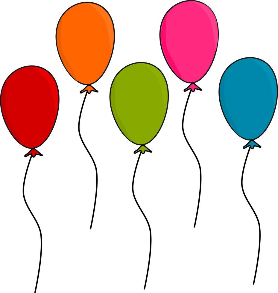 Ballon im Karikatur Stil. Bündel von Luftballons zum Geburtstag und Party. fliegend Ballon mit Seil. Blau, rot , Rosa und Grün Ball isoliert auf Weiß Hintergrund. eben Symbol zum feiern und Karneval. Vektor