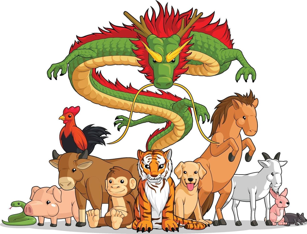 alla 12 kinesiska zodiakdjur tillsammans tecknad illustration ritning vektor