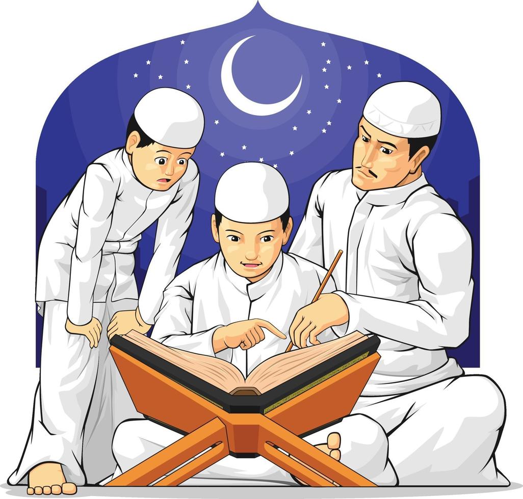 Kinderfamilie lernen, das islamische heilige Buch des Korans im Ramadan-Cartoon zu lesen vektor
