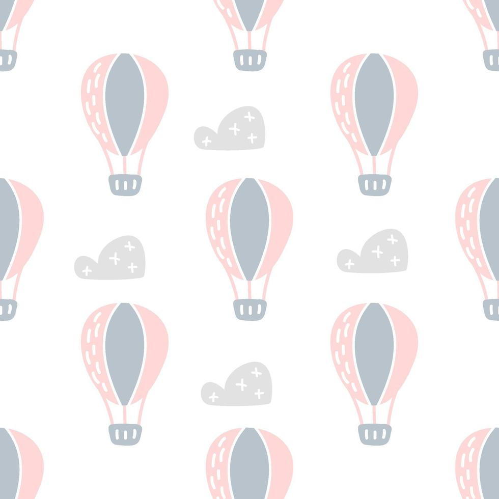 Vektor skandinavisches Baby nahtloses Muster der bunten Luftballons und der Wolken lokalisiert auf weißem Hintergrund. einfache Kinderillustrationstextur für nordische Tapete, Füllungen, Webseitenhintergrund