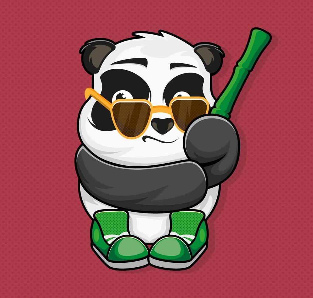 Panda mit Sonnenbrille, Bambus und Turnschuhen. Aufkleber. Patch. Kleidung. Vektor-Illustration Design. vektor