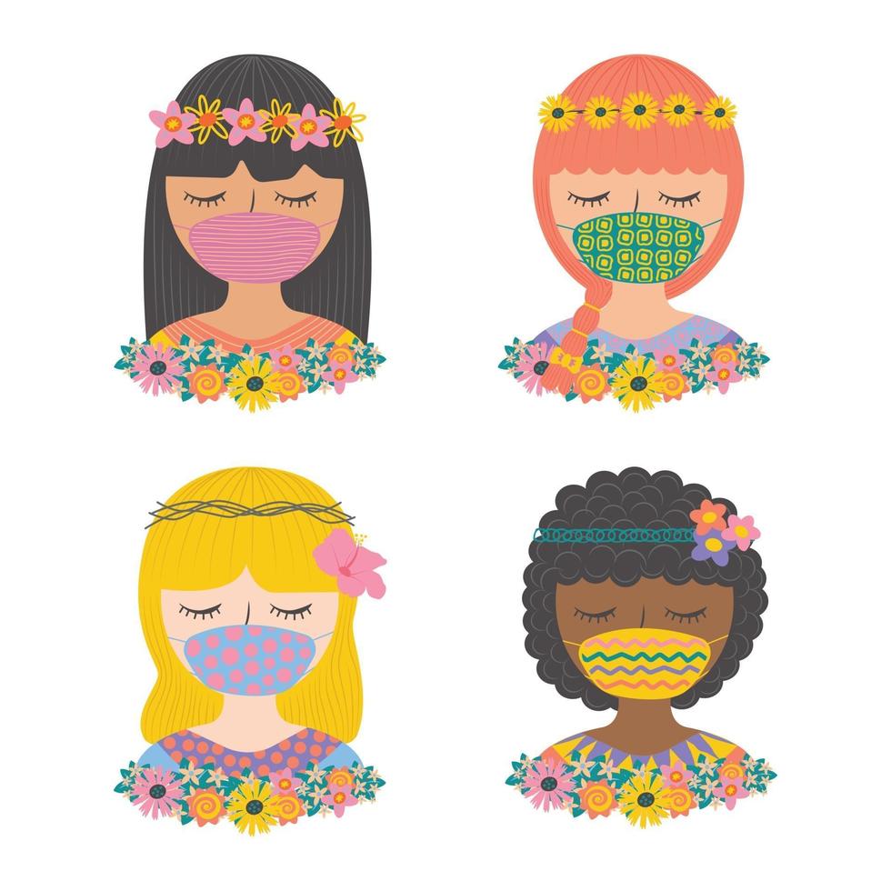 ställa in söt tjej bär ansiktsmask med blommor platt pop färg karaktär vektor