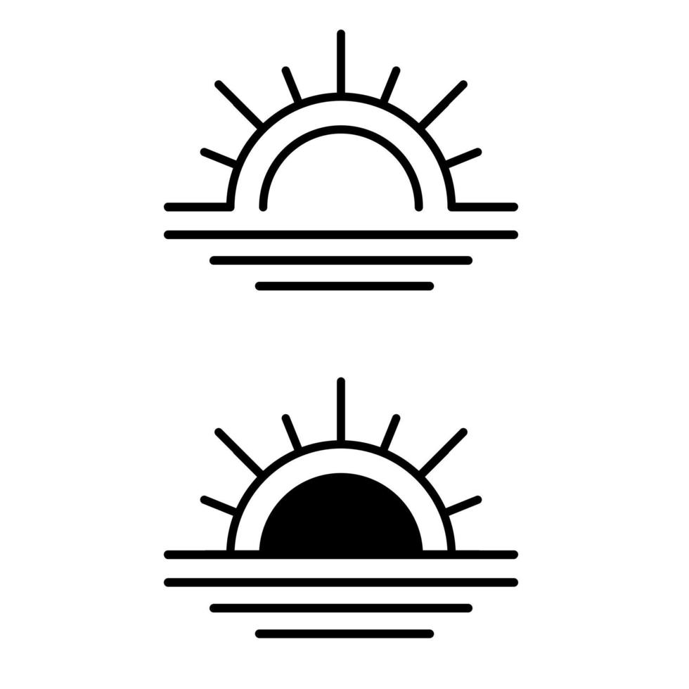 Sonne und Meer Wasser Vektor Symbol. Sonnenaufgang Illustration Zeichen Sammlung. Horizont Symbol. Sonnenuntergang Logo.