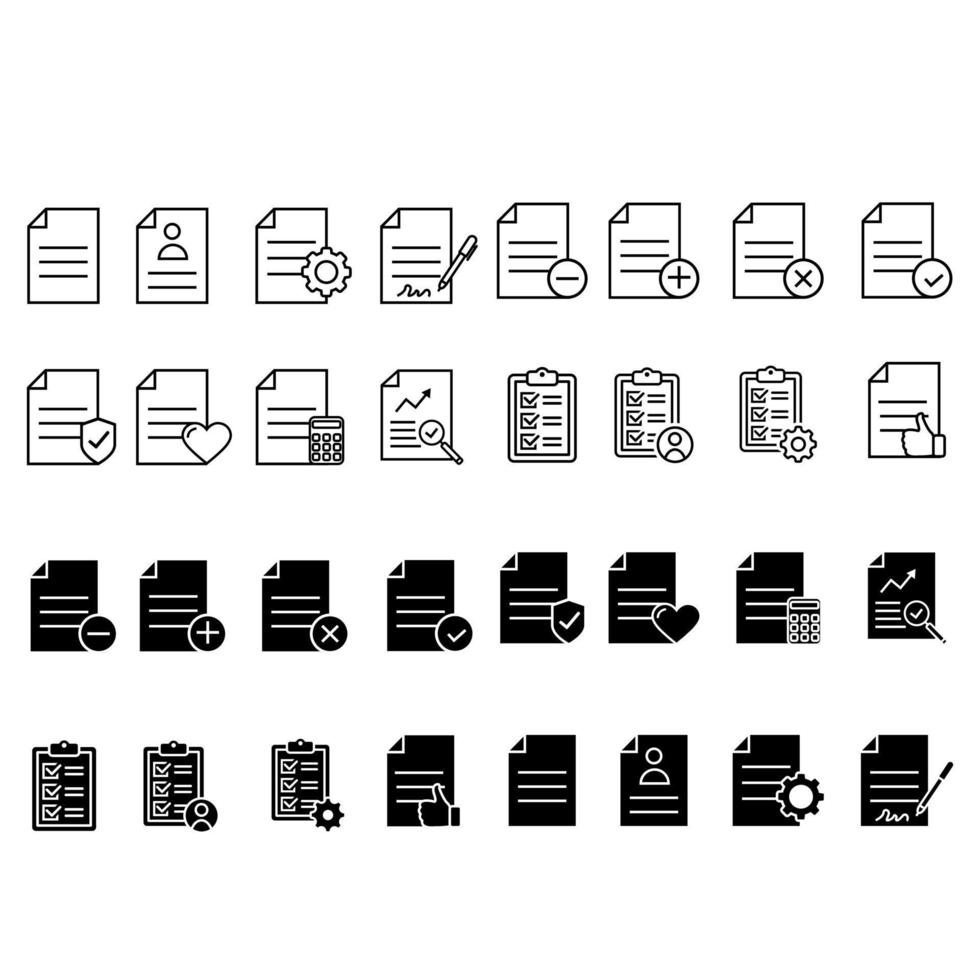 dokumentieren Vektor Symbol Satz. Datei Illustration Zeichen Sammlung. Papier Symbol. Buchhaltung Logo.