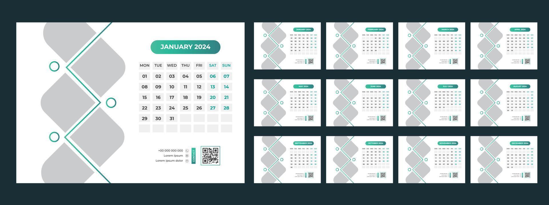 2024 Schreibtisch Kalender Vorlage vektor