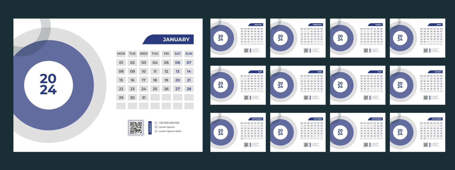 2024 skrivbord kalender mall vektor