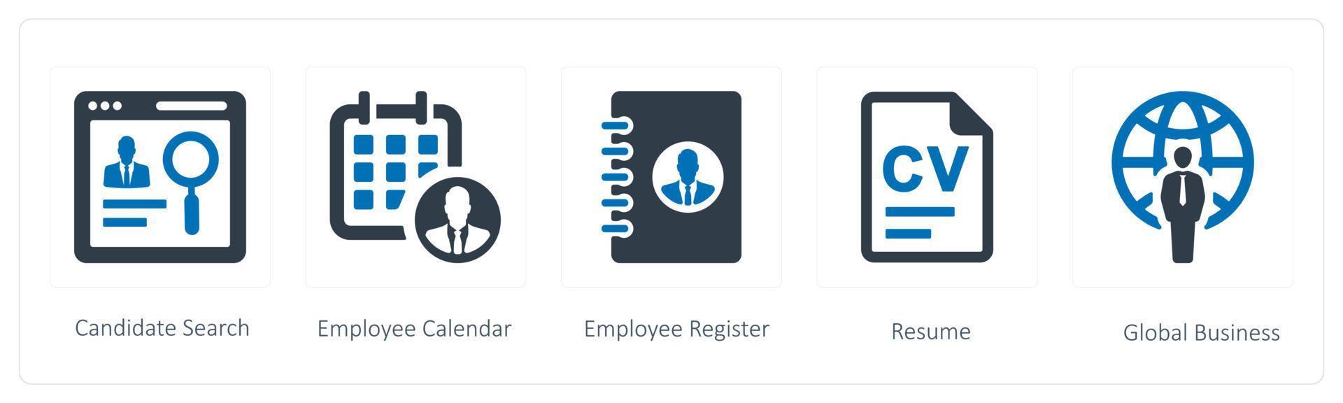 en uppsättning av 5 mänsklig resurs ikoner sådan som kandidat Sök, anställd kalender och anställd Registrera vektor