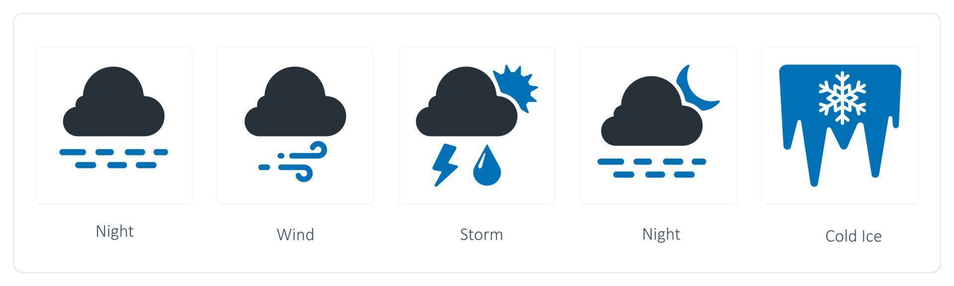 en uppsättning av 5 väder ikoner sådan som natt, vind och storm vektor